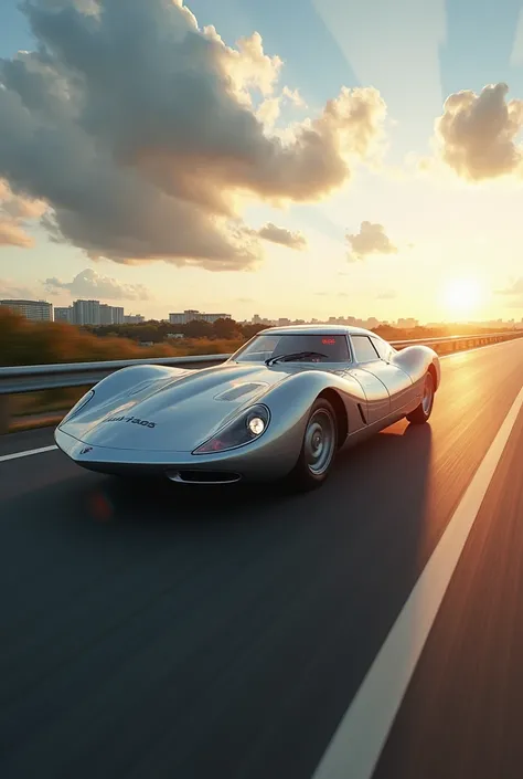 a silver supersonic jet-shaped Citroen C4 Pallas flying at high speed on freeway, print WD, detailed, realistic, 8k, photorealistic, cinematic lighting, dramatic clouds, sun rays, volumetric lighting