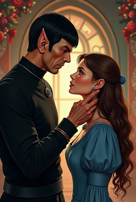 Spock from Star Trek with pointed ears and brown eyes wearing a black medieval tunic places a necklace with blue jewelry around his wifes neck that has her back to him  ,  she has long, brown and curly curly hair and green eyes and small pointy ears wearin...