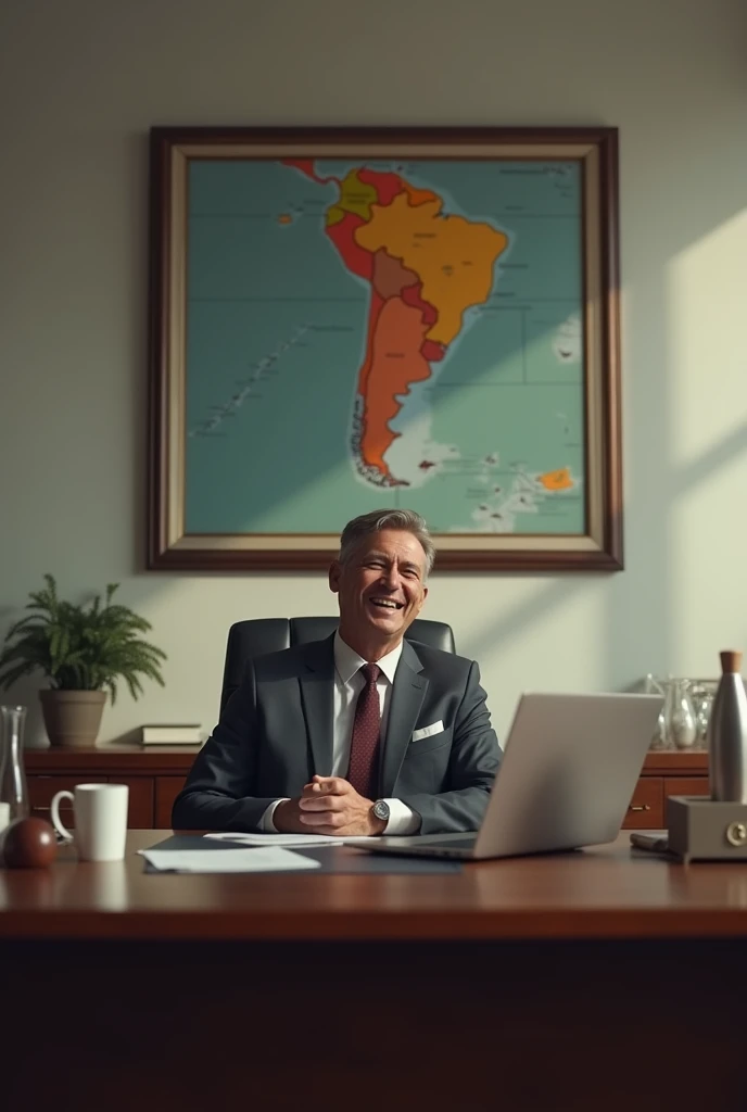 raw, man of 45 , In his office,  sitting behind desk, minimalist,  attitude of power , mocking laughter, well combed,  looking sideways ,  seeing a painting with a map of Argentina from the side ,  behind on the wall a painting with the map of Argentina,  ...