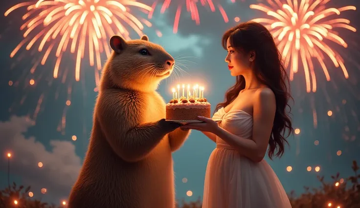 Capybara is standing with a cake and wishes you a happy birthday, beautiful woman with giant boobs, and there are a lot of fireworks around 