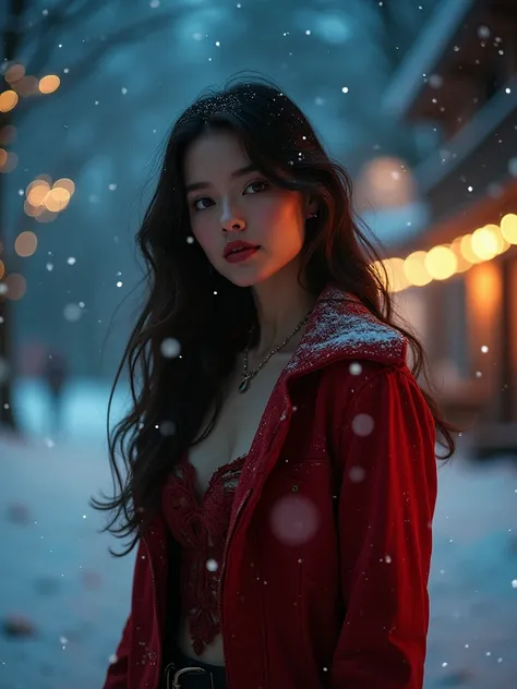 an adult girl, at a Christmas vacation, sexy look, realistic, cute pretty clothes, night vision, outside, fantasy