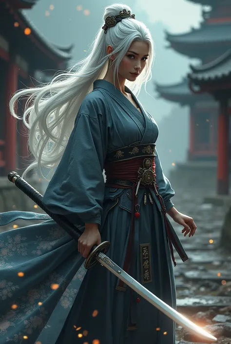 Geisha warrior with white hair 