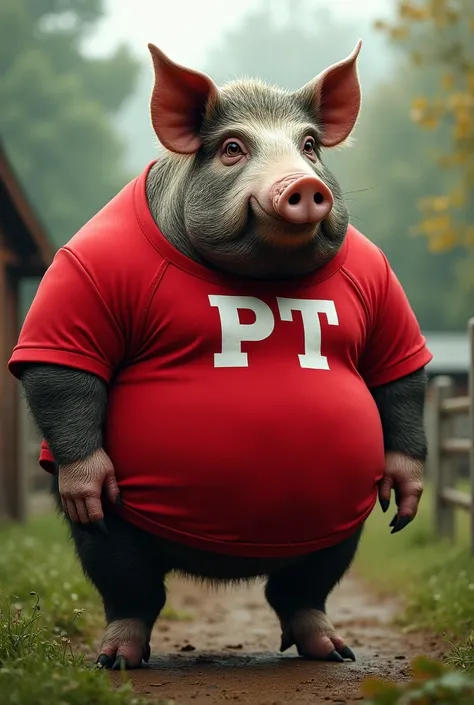 Create a realistic photo of a gigantic sow in a red shirt with two letters " PT"