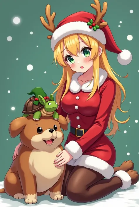 Generate an anime-style image of a girl with a D-cup dressed as a Santa ,  next to her, a dog that is a little big and with abundant straight fur and that has reindeer horns and a turtle with the ears of a leprechaun and that is on top of the dog 