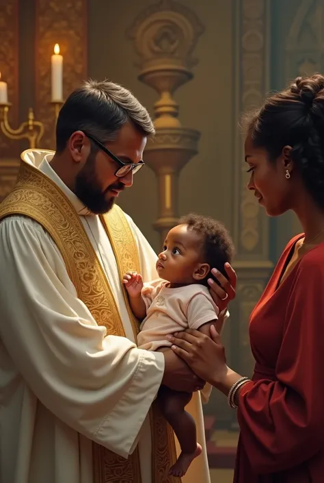 Sacrament of Catholic baptism of a dark-skinned tea baby accompanied by his father and mother where the priest is present performing the act of baptism