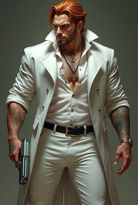  Tall mobster man handsome young 30 years old and manly , muscular stocky body ,  snow-white skin,  bright jungle green eyes ,  slightly long light reddish hair full lips he is wearing a white combat suit he has tattoos on his body he has a silver gun in h...