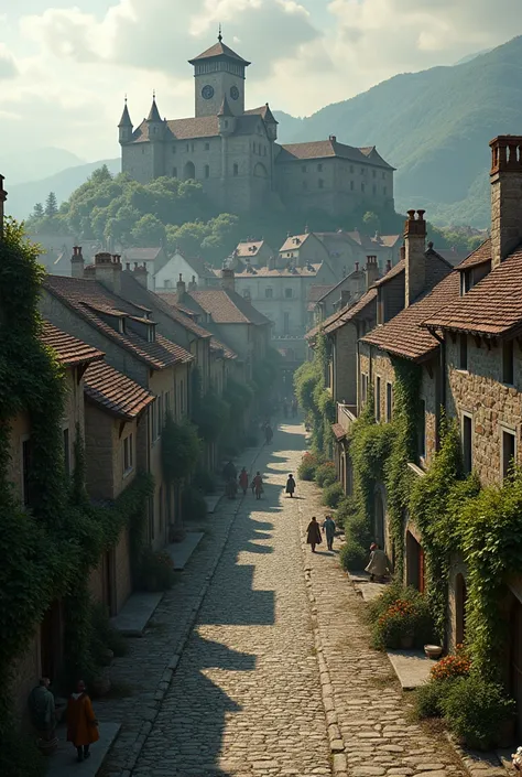 Imagine a medieval city enveloped in an atmosphere of laziness, where time seems to have stopped in a perpetual lethargy. Its cobbled streets are adorned with ancient grayish stone buildings, whose facades are covered with lazy vines that cling to the wall...