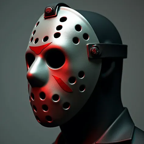 (Photorealism:2.0), Jason Voorhees sharp profile steel mask, details, realistic, front profile , Red reflection na máscara de aço, without eyes. Front looking at the photo, Red reflection 