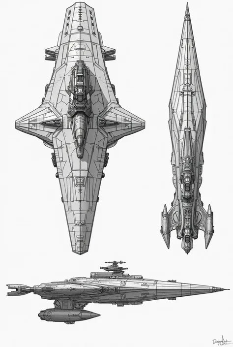 3 image of a Spaceship aircriaft carries ship drawing, front, top, and side view. including the parts indicated in the image