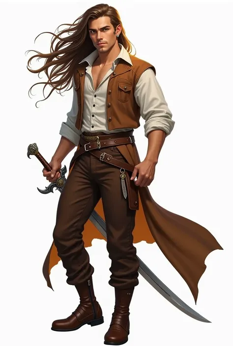  I want to create a image of Kael who is the protagonist of my role-playing and fantasy book .  I want the image with I want the white background and the character in full body .  Kael is a 23-year-old boy with extra long brown and wavy hair , Quite handso...