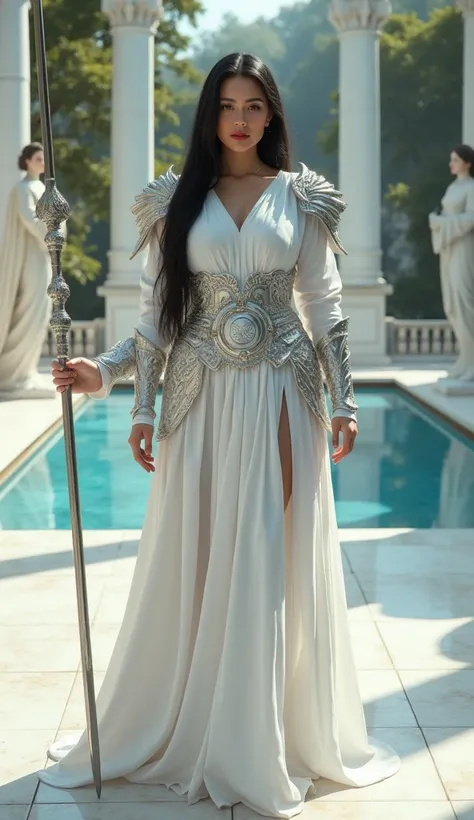 Hyperrealistic portrait of a warrior of the Guardians of the Vow of Purity, full-length, posing solemnly in a sacred garden surrounded by white marble columns. She is a curvy woman with long, straight black hair that falls smoothly down her back. She wears...