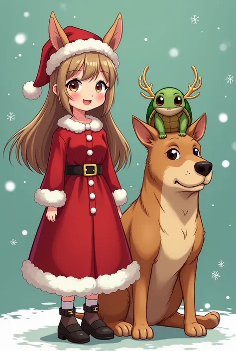 Generate an anime-style image of a girl with an E cup dressed as a Santa ,  next to her, a dog that is almost the size of the girl and has an abundant straight coat and that has reindeer horns and a turtle with the ears of a leprechaun and that is on top o...