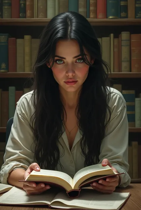 A religious critic with long black hair green eyes modern clothes she is but incredulous background books 