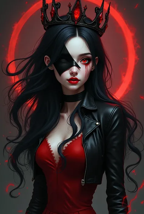  Generate a very realistic full body image of Anime Young woman using a mask that covers the left side of her face,  with a hole for the left eye black without pupil .  The right eye with a red iris with a dark red vertical cut in it . She has black hair w...