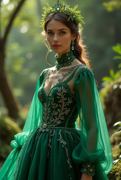 The Earth-inspired haute couture gown is a breathtaking tribute to the planet’s natural beauty, embodying its lush greenery, flowing waters, and fertile soil. The bodice is crafted from emerald green velvet, adorned with leaf-shaped embroidery in gold and ...