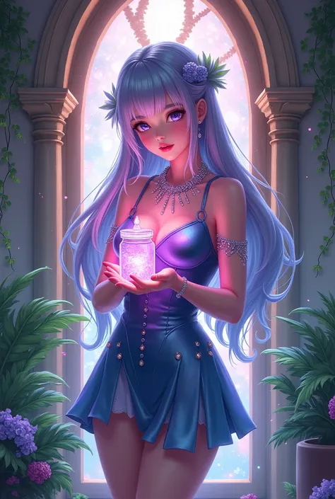 A anime ethereal fantasy goddess girl wearing a short shiny Blue leather dress is in a magical garden ethereal iridescent magical glowing magical shiny glittering potions and plants. There are green shimmery fern palm plants in the room both sides of a tal...