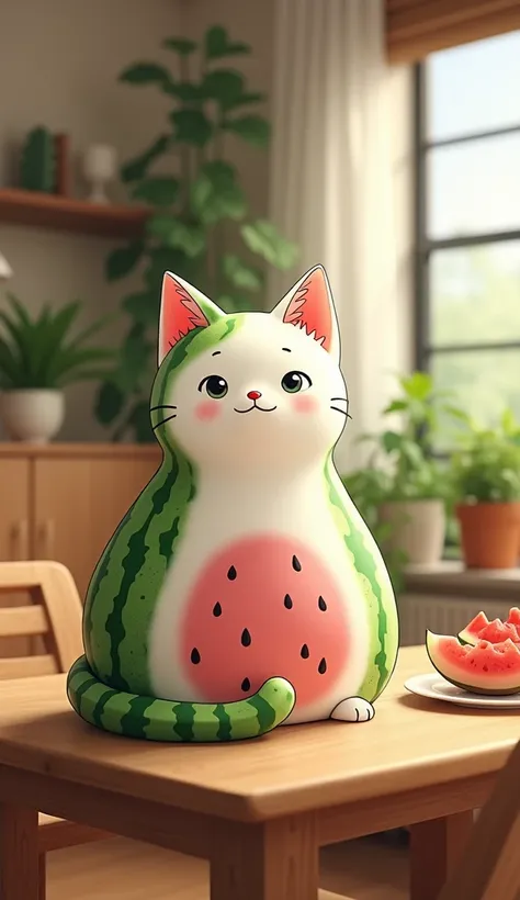 A realistic illustration of a fusion between a white cat and a watermelon, featuring a cat with a body that blends green watermelon rind patterns with white fur. The cats underbelly and inner ears have a pink hue resembling the flesh of a watermelon, with ...