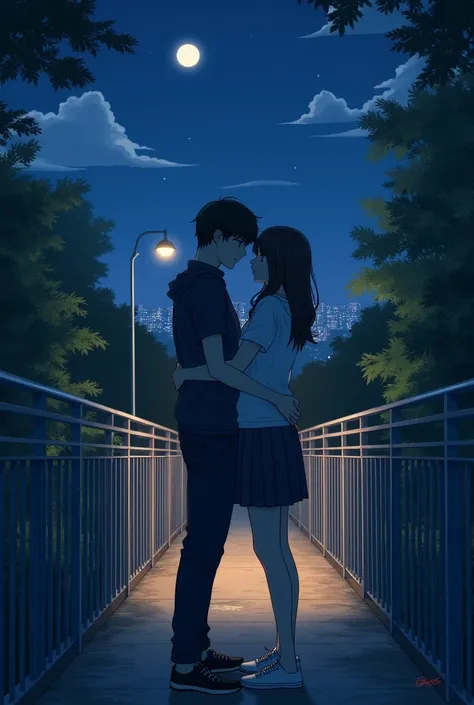 A hug on a footbridge at night between two high school students 