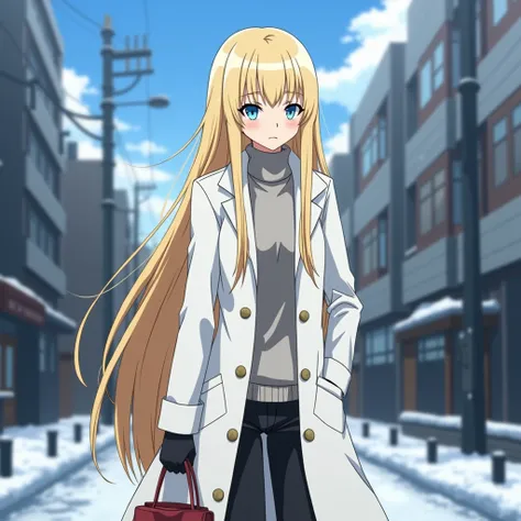  Screenshot of the anime Tokyo Revengers  ,  a woman with long straight blond hair ,  with straight bangs , tall and with blue eyes  ,  dressed in a long white coat walking through the streets of Tokyo in winter with a strong attitude ,anime 