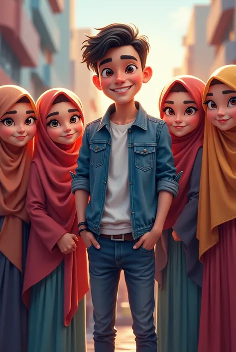 AI text logo reads “Aditya Bagus” with Cakep Boy mascot with background surrounded by girls in hijab