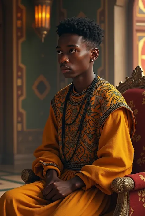 Un jeune prince, soucieux, triste et déchiré entre deux solutions. Il est en boubou africain, arrêté dans une salle en afrique, dans un royaume. 