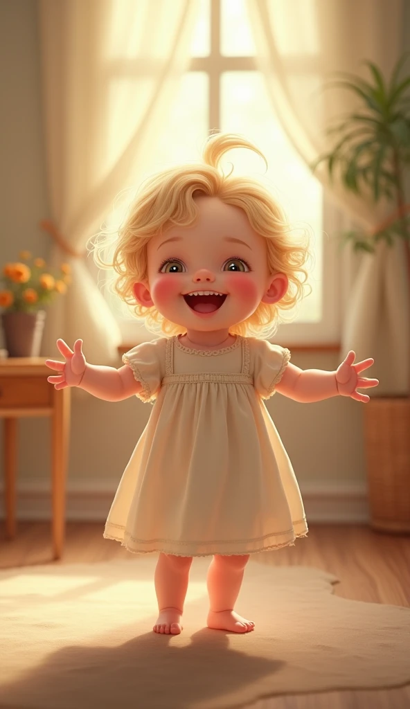 A blond haired baby girl standing with her arms open