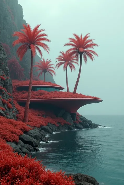 An island in another world , instead of palm trees there are giant red plants with spikes and in the lower part of the plants are two brutalist single-storey bunkers with interior patio and glass roof.  Its an island in a cold place , cloudy, and a wild se...