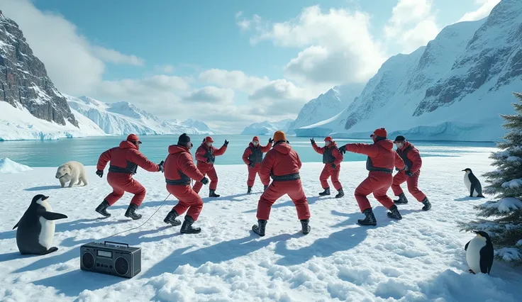 The Antarctic Expedition is wearing gear and bucket hats from an unknown sports manufacturer、  dancing breakdancing in front of them and forming a circle  、 Surreal Photography 。Theres a boombox in the corner  。 White Christmas,  An enchanting winter wonde...