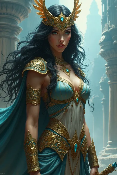 Warrior goddess,  long black hair , semi-fastened , sky blue ,  clothes with gold details, golden helmet and golden bracelets holding a sword with a blade made of crystal