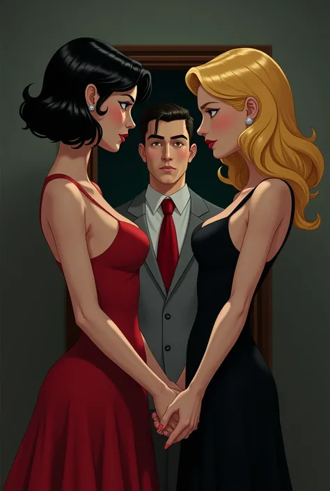 Woman with black hair and red dress looking at man in red tie holding hands with woman with yellow hair and black dress in realistic cartoon