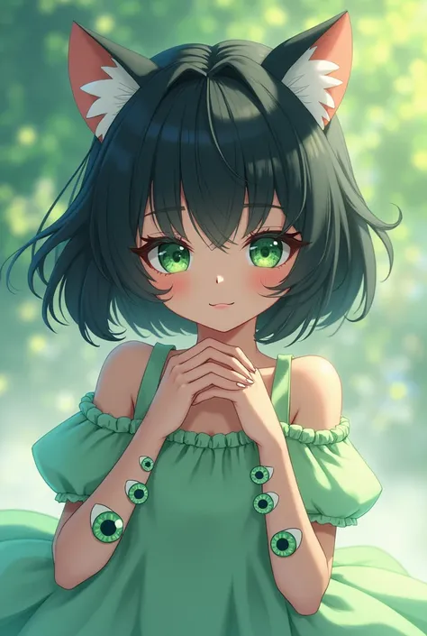   from black-haired anime with green eyes , With Eyes In Arms  , Cute and pretty 