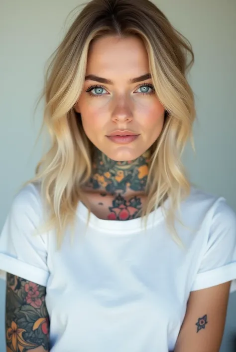   A photo of a young blonde  , tattoo artist  , The girl has a bright  ,   attractive appearance  ,   blue eyes  ,   wearing two miniature tattoos ,   wearing a white t-shirt ,  The photo shows the essence of her work ,   high resolution, 8 to