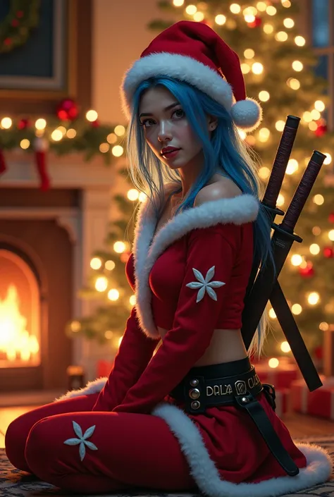 A beautiful Christmas atmosphere full of lights and a Christmas tree inside a house , a very beautiful ninja with a kind look and smile with blue hair and brown eyes in a tight red and white Christmas costume and a Christmas hat, She wears a katana on her ...