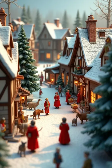 Christmastime in a middle ages village with a lot of small realistic characters in perfect 2.5D Bruegel style, busy in different activities. Christmas trees, red costumes, dogs and other farm animals. Happiness in a warm snowy Christmas atmosphere. Super d...