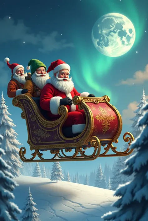 Santa Claus and wife in a sleigh pulled by fire extinguishers and manned by dwarves
