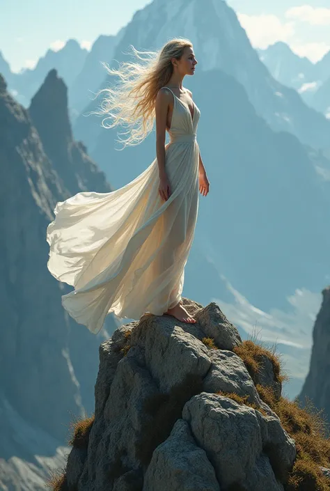 A beautiful woman with shiny hair climbing a mountain 