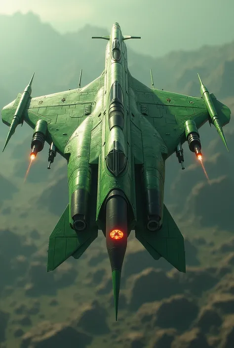 A warplane is shaped like a falcon and has a nuclear bomb. The color of the aircraft is green and contains a machine gun and a flamethrower 