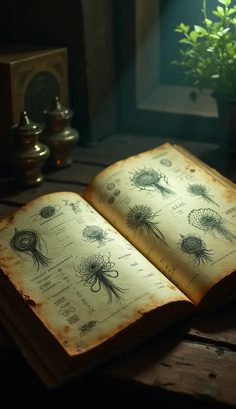 A mysterious ancient manuscript lying open, filled with strange, unidentifiable symbols and illustrations of alien plants. The pages are aged, with yellowed edges and intricate, bizarre diagrams. The scene is dimly lit, with a sense of unease, as if the ma...