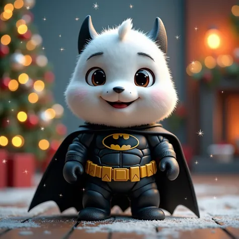 A character similar to Barney the dinosaur but white in color and dressed in the black Batman suit, May you be Happy and with a Christmas background