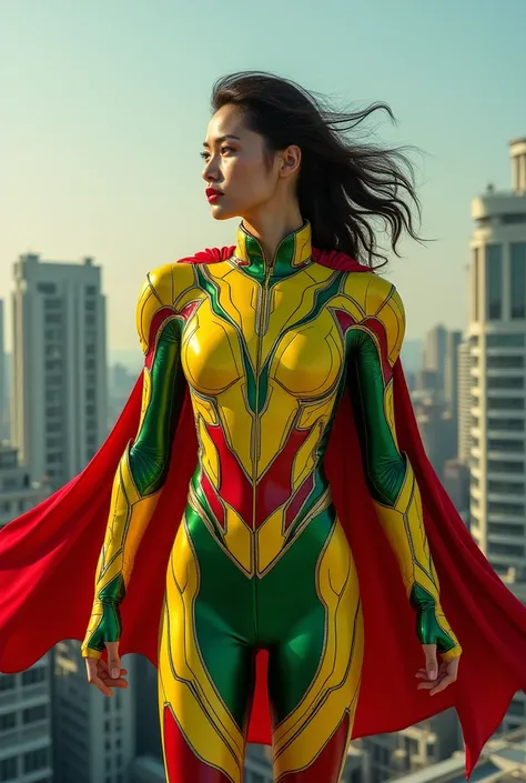 Here’s a prompt for your superhero concept:

“A dynamic and powerful superhero dressed in vibrant armor with bold yellow, red, and green accents. The armor is sleek yet sturdy, featuring intricate patterns resembling futuristic technology and a hint of cul...