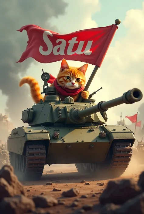 there is an orange cat who is on the battlefield, he is fighting all the enemies by riding a tank that says keyra and also carries a flag that says SATU