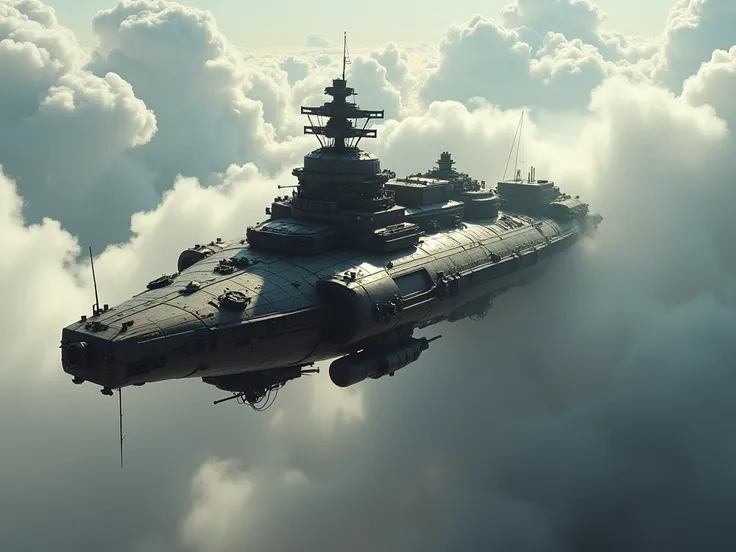 A Spaceship mighty battle frigate flying through the clouds in dieselpunk style