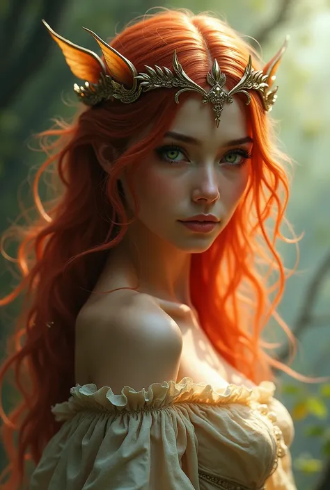  Please chatgpt generate a feminine image where the character must have smooth red hair and green eyes the body color must be brunette and on the head a thin nose crown with ears and 