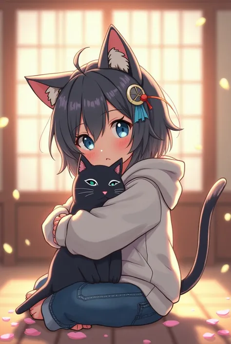 ((top quality)),((masterpiece)),((perfect face)),(ultra-detailed), ultra high res, 8k, UHD, ((View from the side, dynamic angles, front view, cinematic, high contrast)), ((Petite girl with cat ears hugging a cat)), ((petite girl, blue eyes, drooping eyes, ...