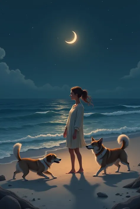 Woman playing with dogs on the beach at night