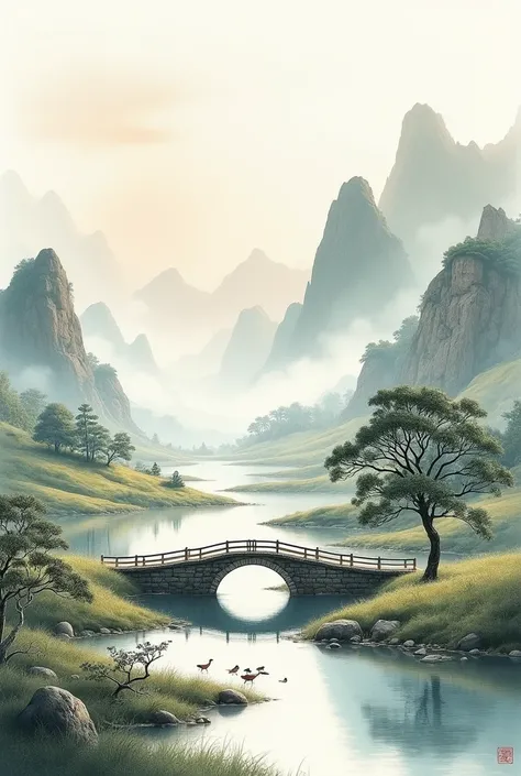 Chinese landscape painting，ink and watercolor painting，water ink，ink，Smudge，Faraway view，Ultra-wide viewing angle，Meticulous，Five cow diagram，Five scalpers，River side，Small Stone Bridge，grassy fields，The tree，The vista is a mountain，（8k wallpaper），（light a...