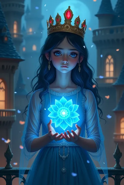 Blue Ghost, a village girl with an unhappy face. Through her transparent chest, a blue, precious crystal is visible. In her hands she holds a crystal, shining flower with green petals. On her crown shines a golden, beautiful, massive crown with one red cry...