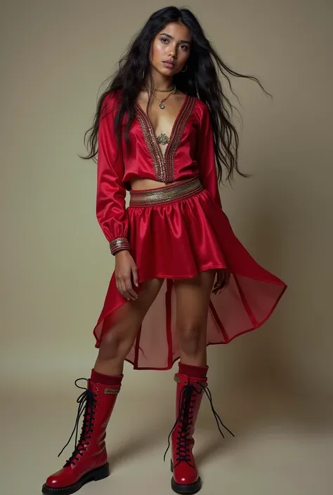  Young man with indigenous features and long hair who wears a short, fitted long sleeve blouse in crimson color with metallic details and a short skirt,  voluminous skirt .. Metallic accessories and red combat boots with high socks .
 full body