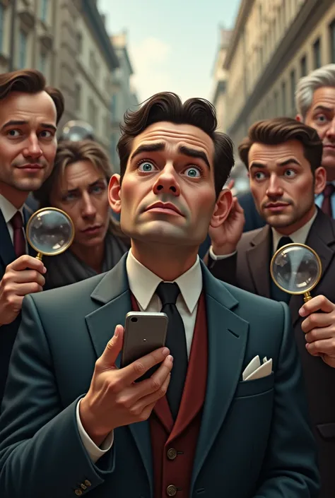 Create an image of a man focused on himself  watching himself on a tiny face mirror enjoying himself while admiring himself while he is in the middle of people group that he completely ignores. he is in the middle of them all of them try  to look at him wi...