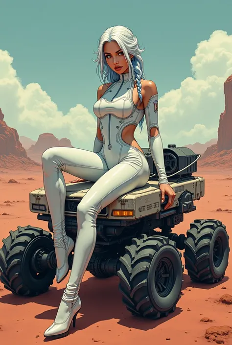 sexy girl with white hair with a slight bluish tinge with a braid on a Martian jeep in astronaut clothes manga